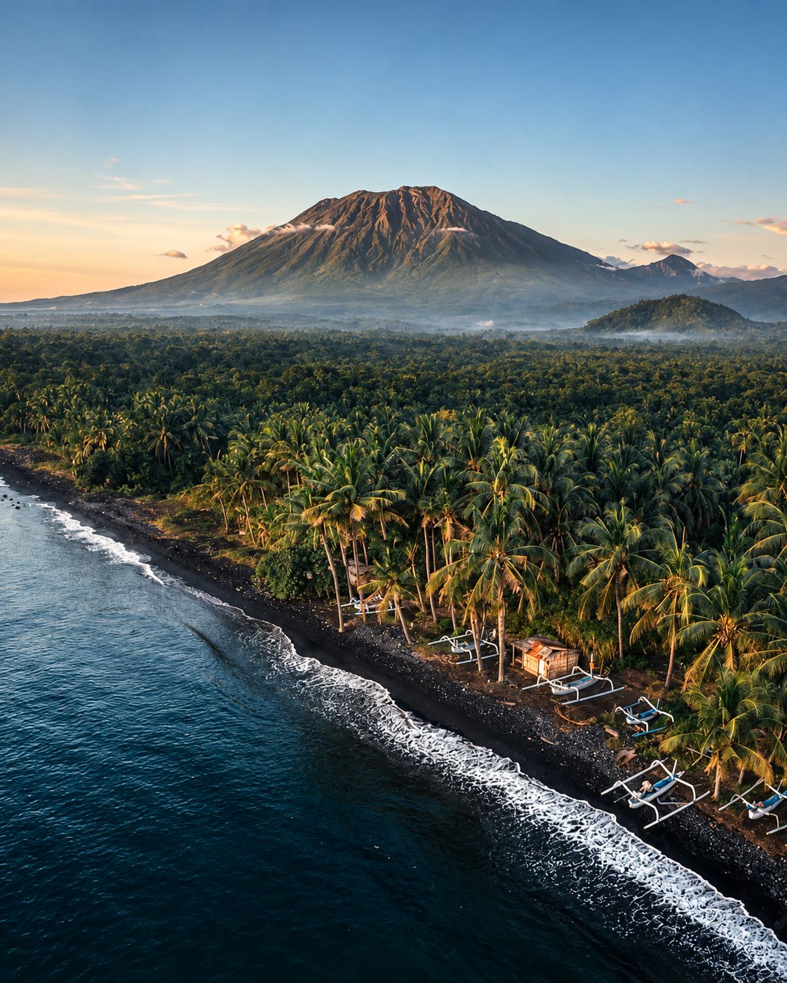 Mount Agung rising above palm forest and a black-sand beach with outrigger boats in Bali
