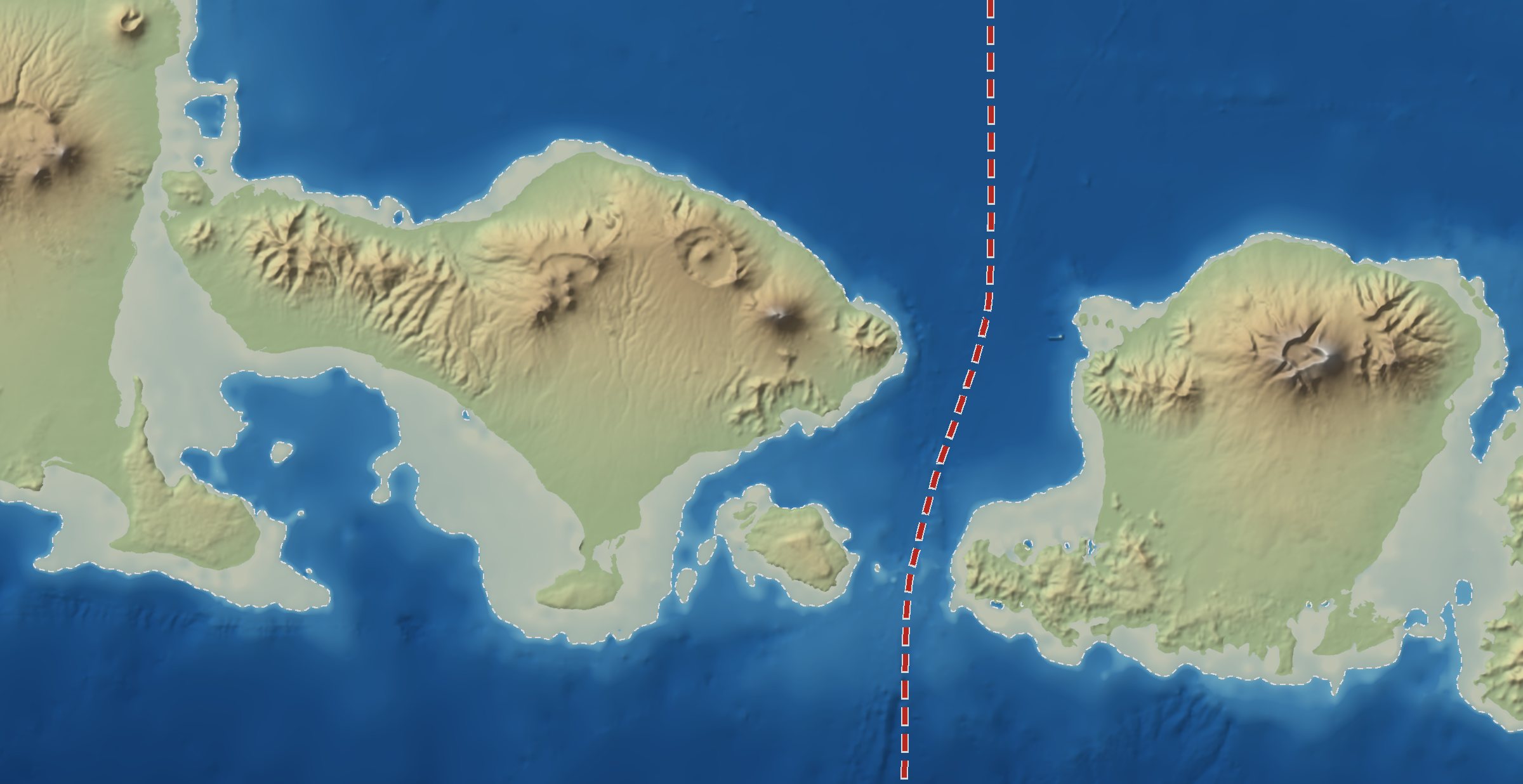 Karte von Bali, der Lombokstraße und Lombok mit der Wallace-Linie dazwischen