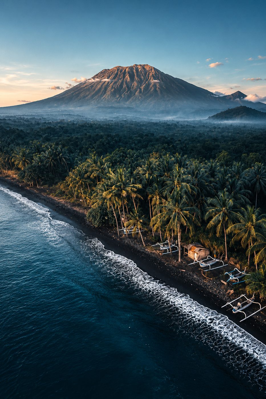 Mount Agung above the black-sand coast of east Bali, with outrigger boats on the beach