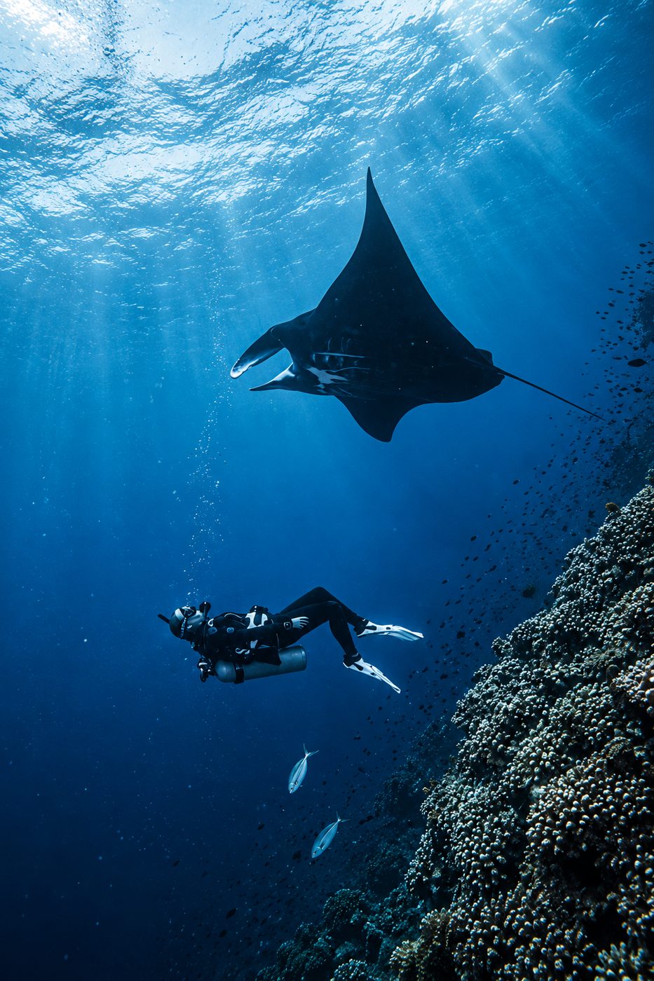A manta ray glides over a diver beside the reef. Nusa Penida is Bali's best place to see them.