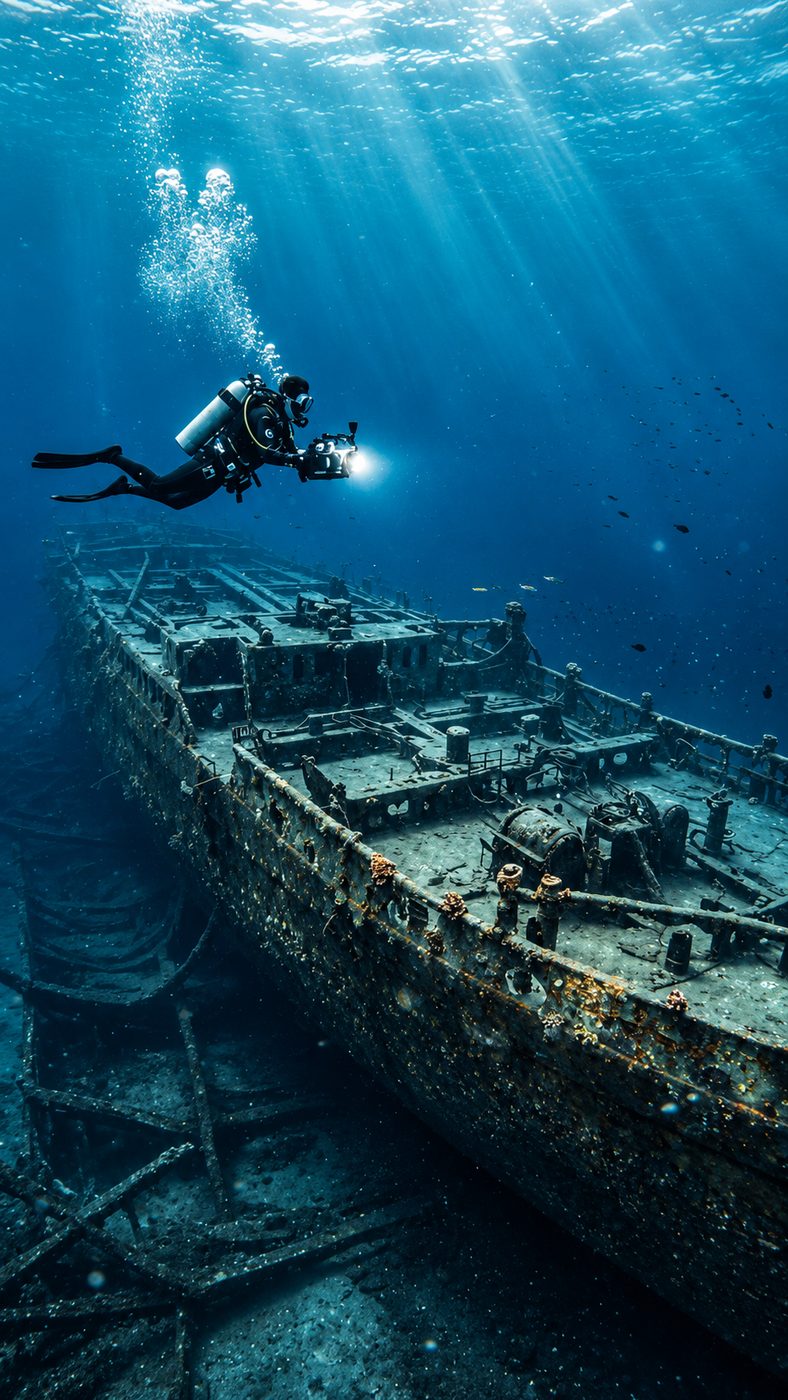 Wreck diving with a camera. On Bali's east coast, the USAT Liberty lies just off the beach at Tulamben.