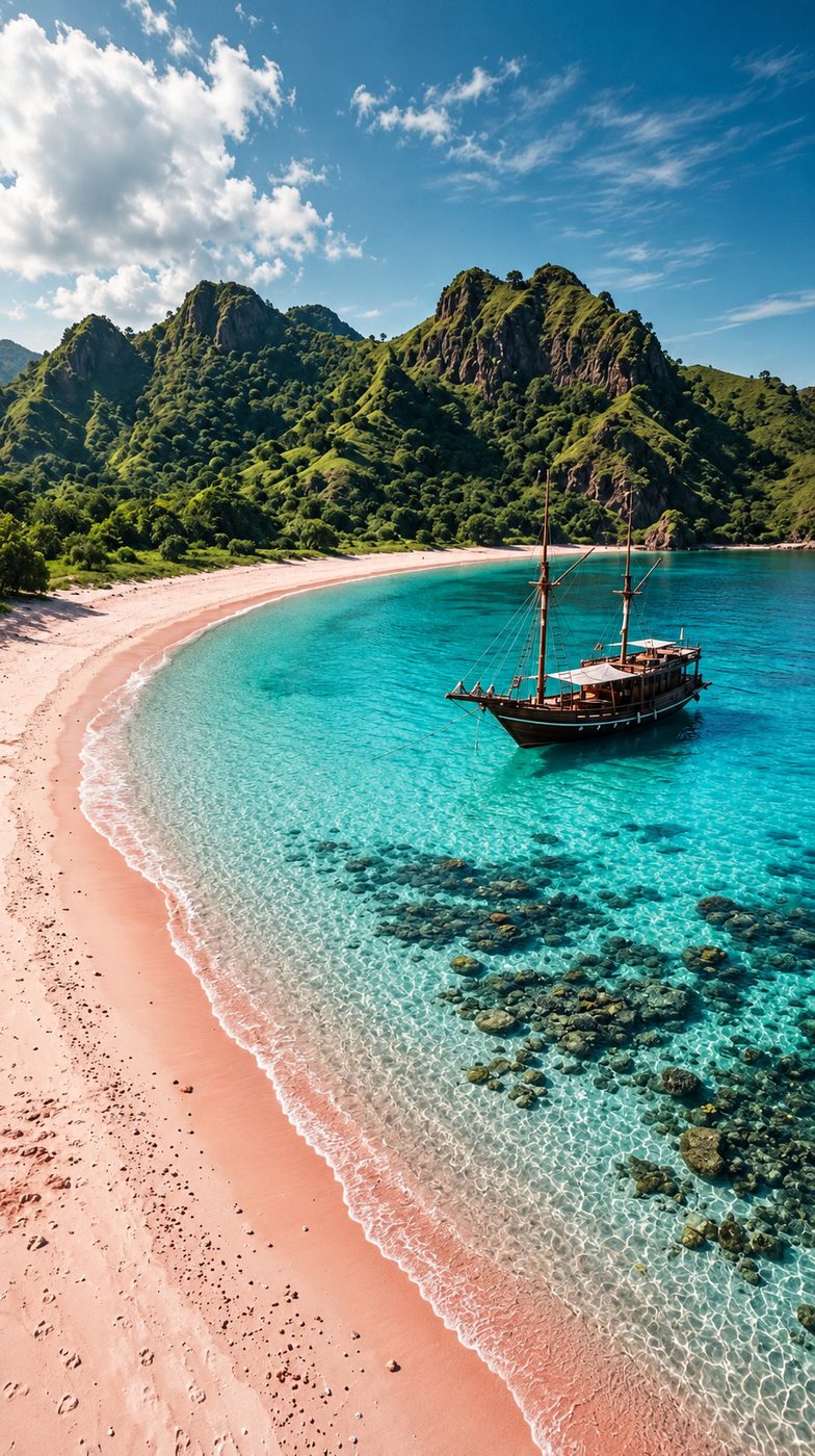 Pink Beach: the sand gets its colour from fragments of red coral. A traditional phinisi boat at anchor in the bay.