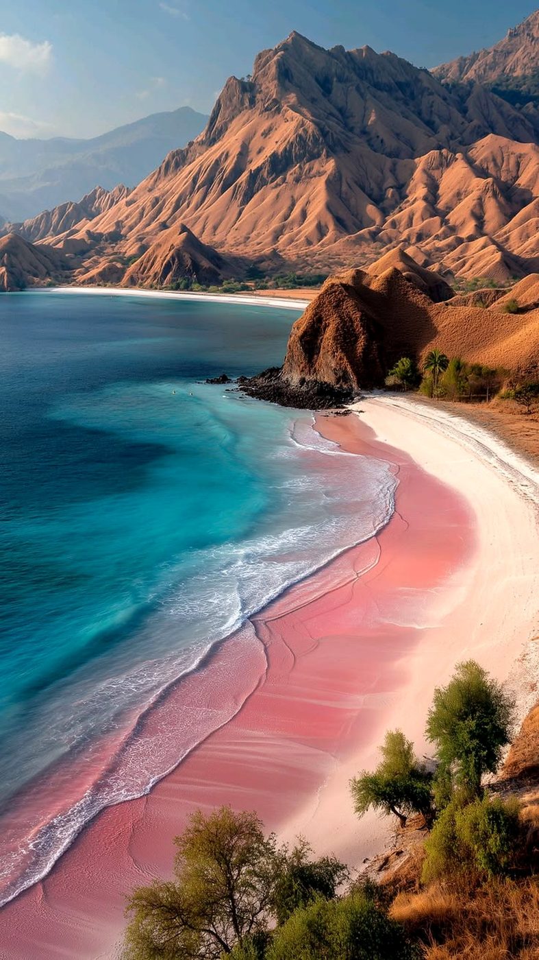 Pink Beach: the sand gets its colour from fragments of red coral. A traditional phinisi boat at anchor in the bay.